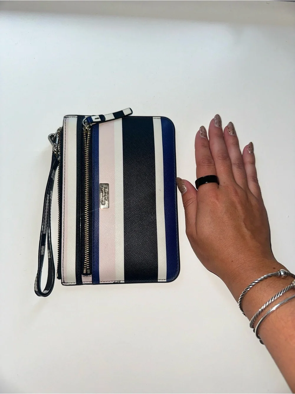 kate spade Striped Wristlet in Navy, Black & Light Pink